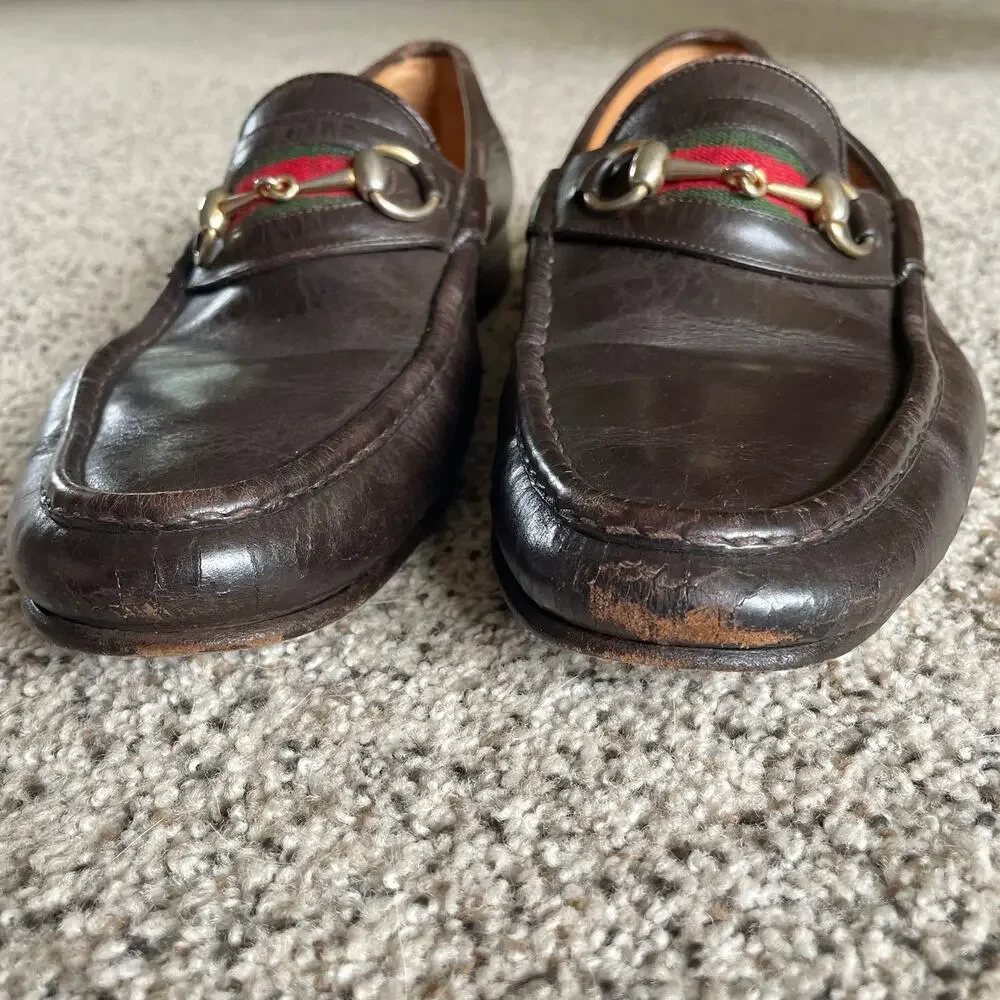 Vintage Gucci Horsebit Loafer Brown Leather Green Red Web Men's EU 46.5 / US 12